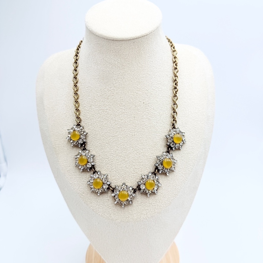 J.Crew Gold Tone Chain Necklace with Yellow Cabochons & Crystal Floral Accents